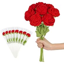8PCS Red Crochet Flowers Knitted Flowers Woven Roses, Finished Handmade Rose Artificial Roses, DIY Crochet Roses Bouquet for Mothers Day Teacher Gift Home DecorRed