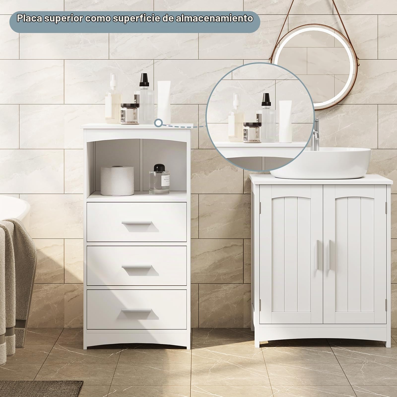 EUGAD Armario Estrecho, Armario de Columna, Mueble Auxiliar Baño con 3 Cajones y 1 Compartimiento Abierto, Mueble Baño Almacenamiento, 40x26,5x80 cm, Blanco
