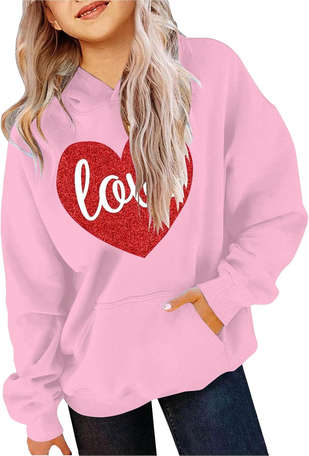 Sweatshirt for Girls Oversized Heart Letter Print Long Sleeve Hooded Sweatshirt Casual Loose Pullover Tops