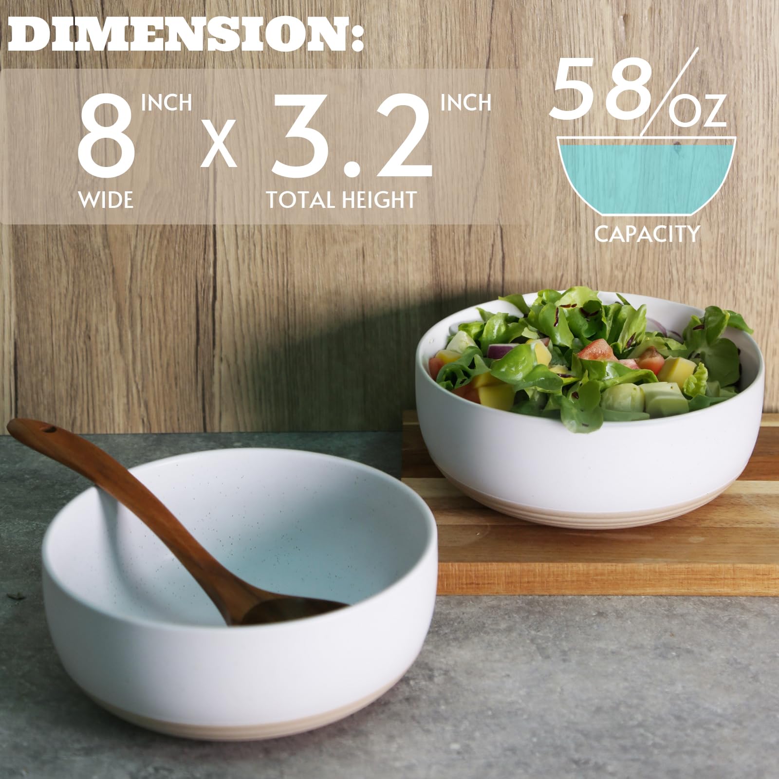 WILDMOS Serving Bowls,8 Inch 60 Oz Large White Ceramic Salad Bowl