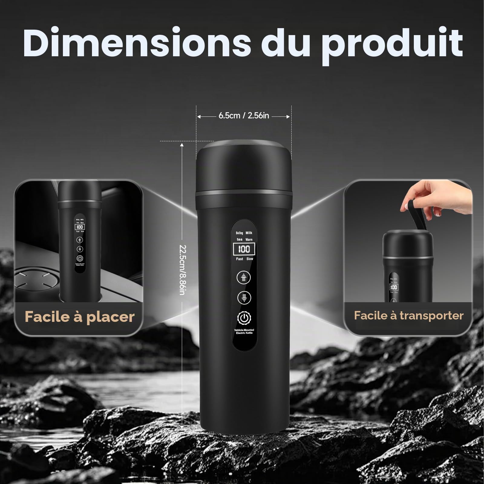 Bouilloire de voyage Bouilloire 12V 24V Auto 500ml, 316 Acier Inoxydable pour Camion Camping-Car, Mode USB-C Maintien au Chaud (45-55°C), Bouilloire Batterie Intelligent LCD Tactile Longue Distance
