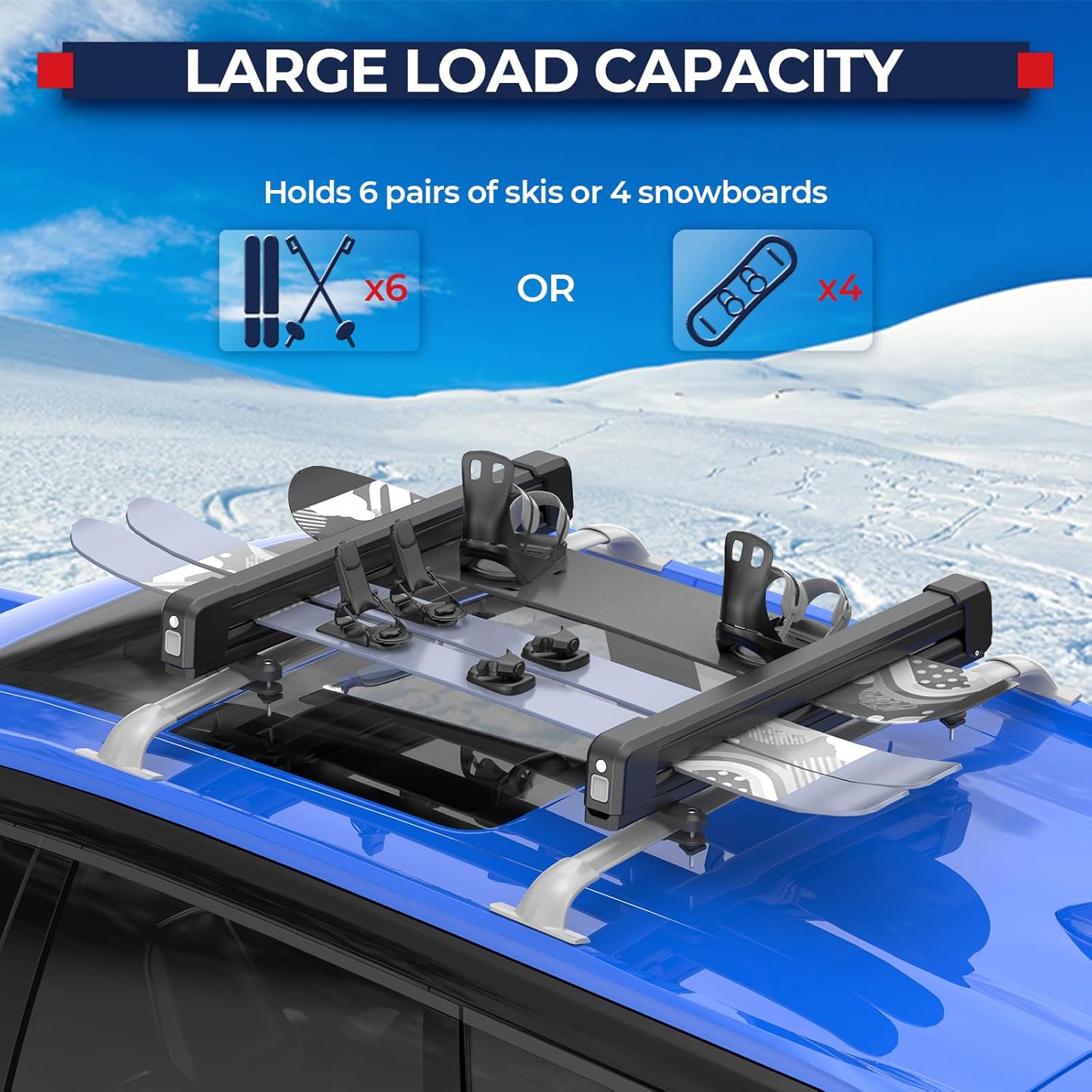 MOSTPLUS Lockable Ski Racks Snowboard Racks CrossBars Rack with Metal Lock and Rubber Padding,Fits 6 Pairs Skis or 4 Snowboards,Universal Fit for Vehicles,Aluminum 30"