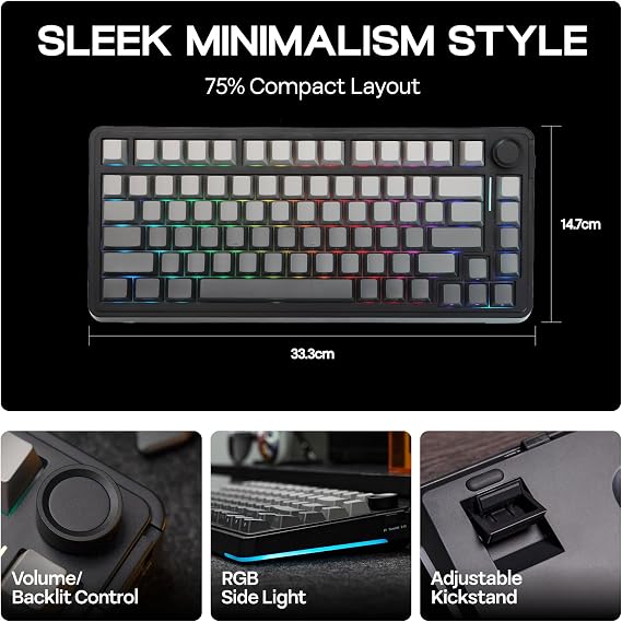 EPOMAKER EA75 75% Wireless Mechanical Keyboard, 2.4GHz/USB/BT5.0 Gaming Keyboard,Creamy Gasket,RGB Backlight,Knob,PBT Keycap,Hot Swappable,Programmable (Black Gradient, Reaper Switch)