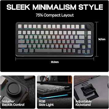 EPOMAKER EA75 75% Wireless Mechanical Keyboard, 2.4GHz/USB/BT5.0 Gaming Keyboard,Creamy Gasket,RGB Backlight,Knob,PBT Keycap,Hot Swappable,Programmable (Black Gradient, Reaper Switch)