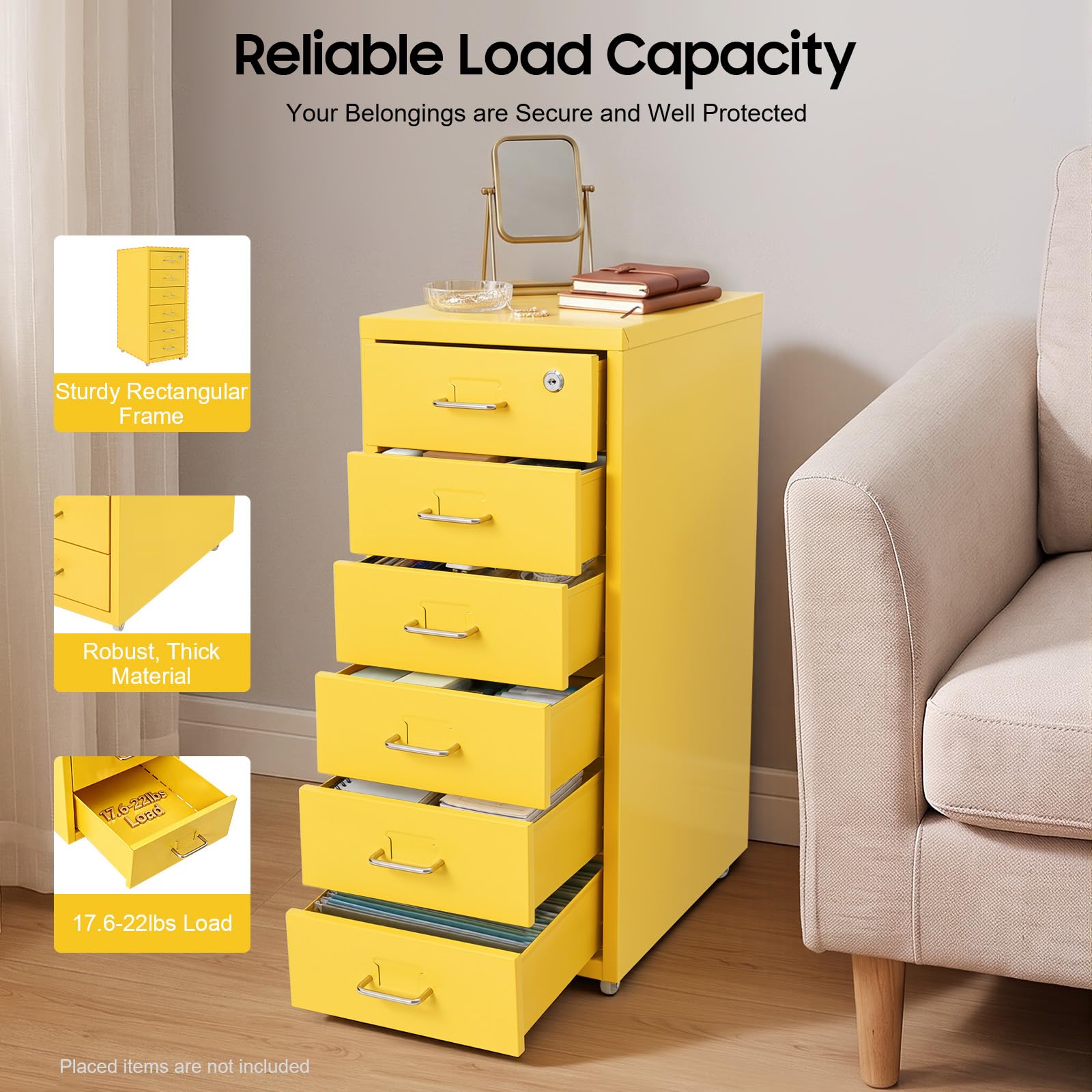 Cassettiera con 6 cassetti in metallo richiudibile (giallo), 28 x 41 x 69 cm, superficie liscia, armadietto mobile, molto spazio, per ufficio, casa, scuola