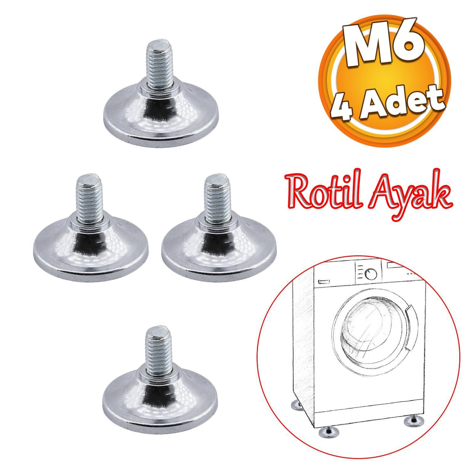 Badem10 Beyaz Eşya Raf Reyon Mobilya Bingo Rotil Ayak M6 Civatalı 6 mm Metal Profil Ayağı 1.5 cm (4 Adet)