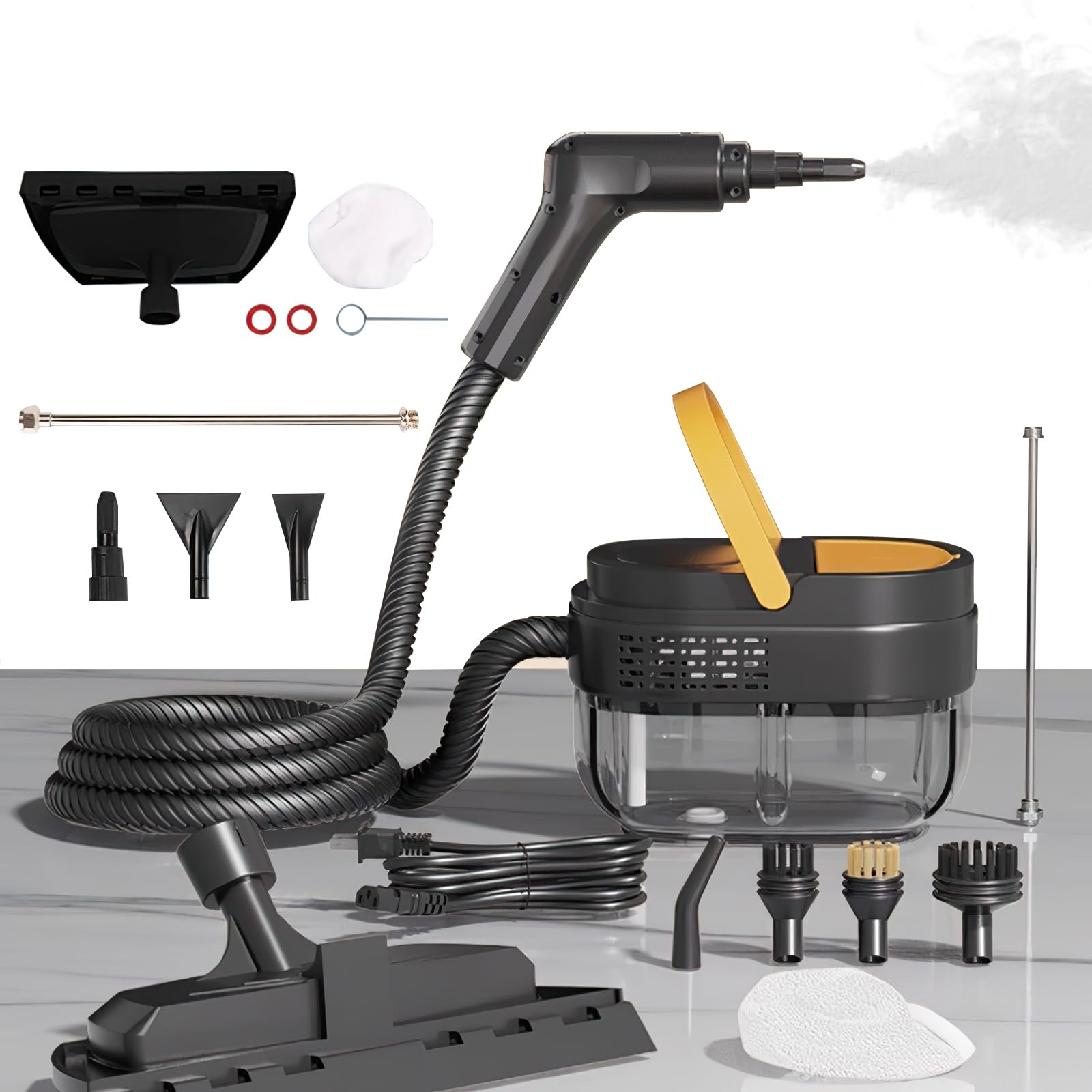 Limpiador a Vapor, Limpiador a Vapor Manual Multiusos de 2500 W con 3 Velocidades Ajustables y 9 Tipos de Boquillas, Portátil de 1600 ml Alta Presión para el Hogar y el Coche