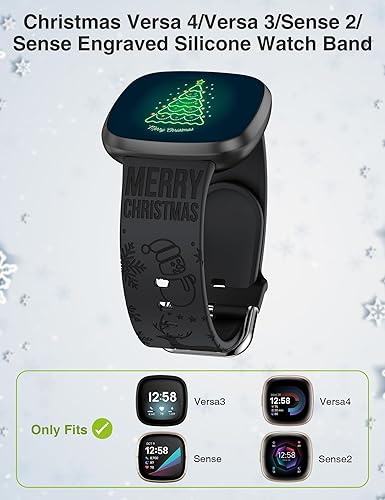 Miniatura 2 de Engraved Winter Band Compatible with Fitbit Versa 4Versa 3Sense 2Sense Bands Women Men, Soft Silicone Sports Straps Breathable Holiday Wristband for