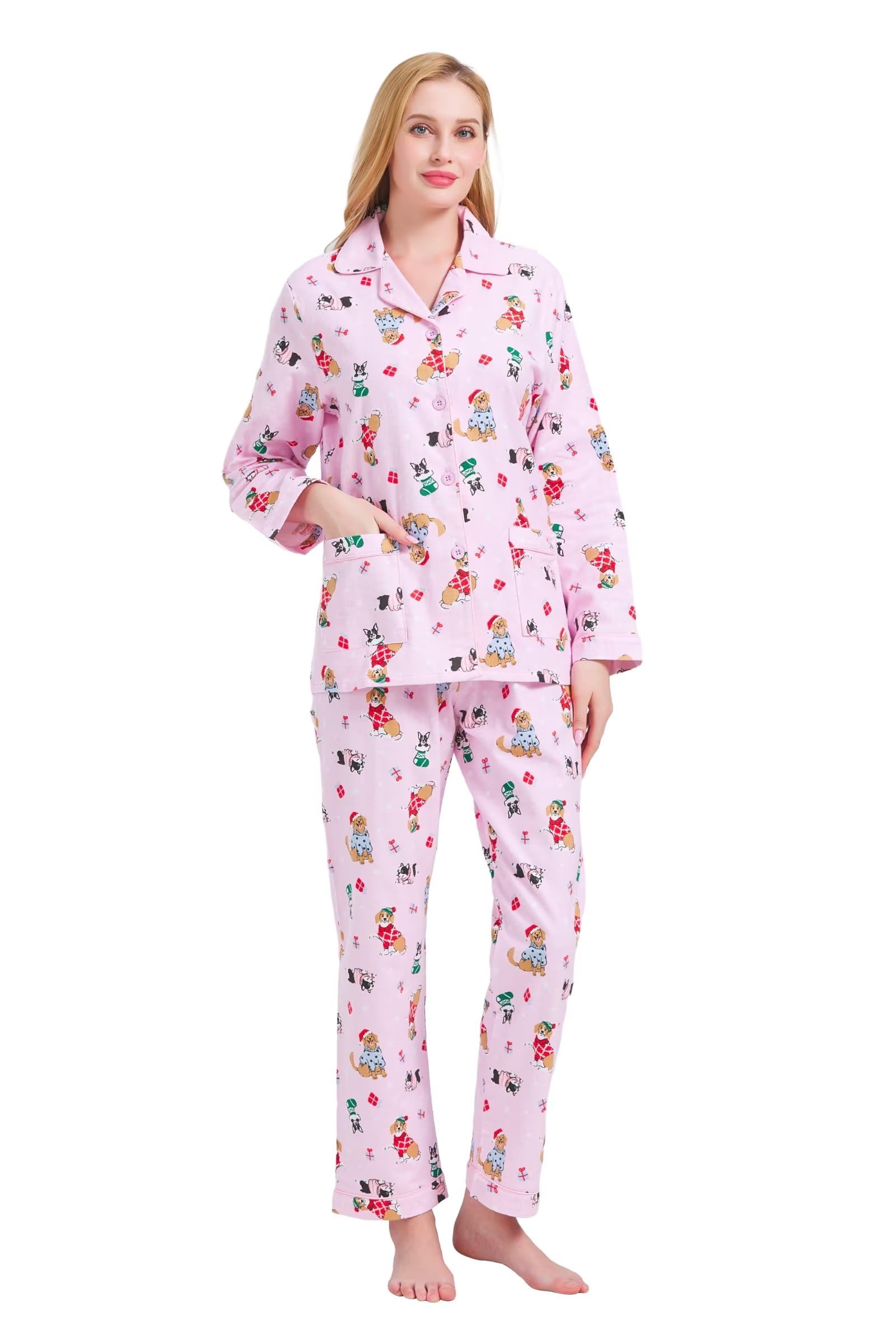 GLOBAL Women's Flannel Pajamas Set 100% Cotton PJs for Women Long Sleeve Button Drawstring Waist Warm Loungewear Sleepwear