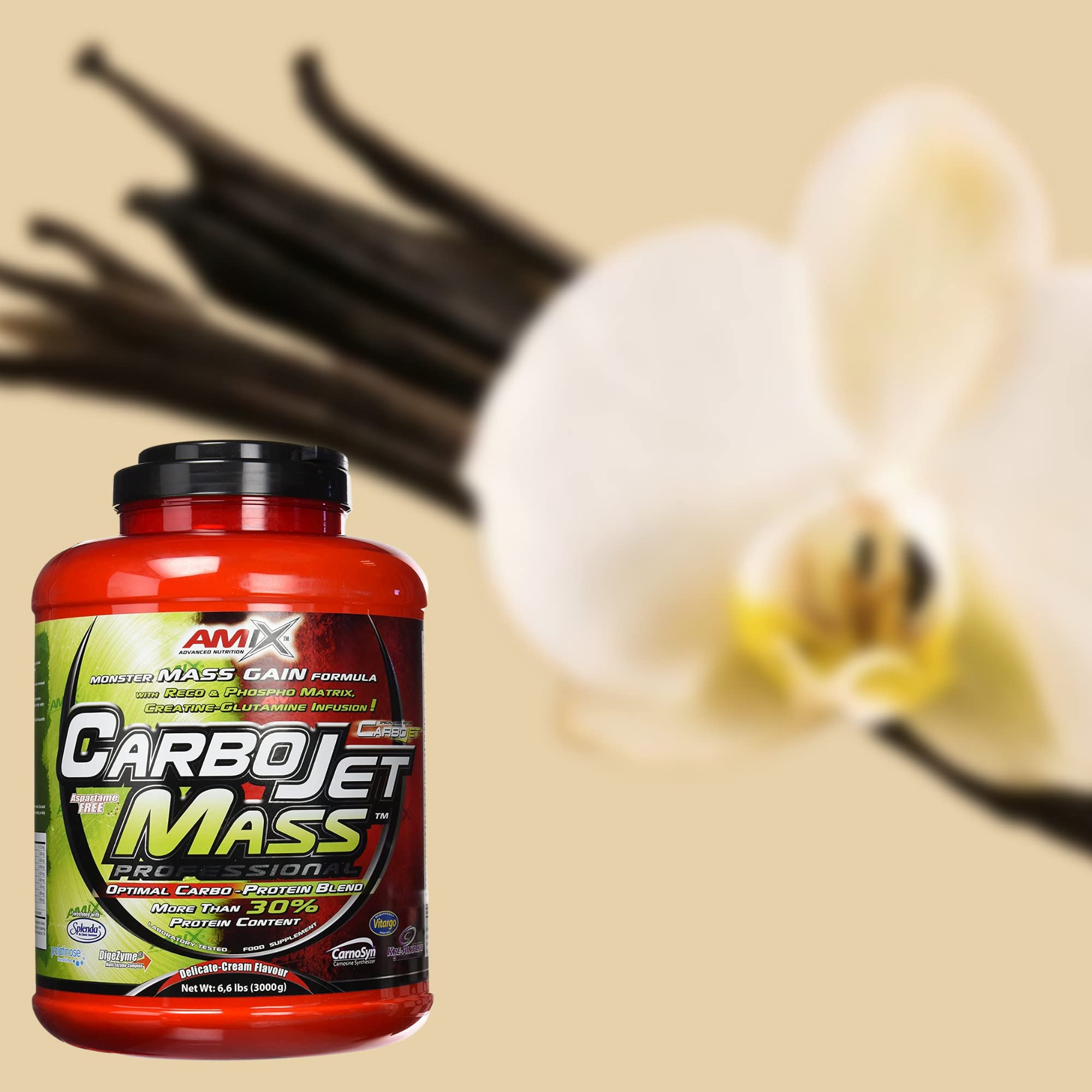 AMIX - Complemento Alimenticio - Carbojet Mass Professional - Carbohidratos y Proteínas para Aumentar la Masa Muscular - Concentrado Proteína de Suero - Recuperador Muscular - Sabor Vainilla - 3 KG