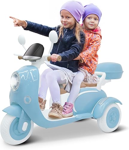 Motocicleta de 12 V y 2 plazas para niños, scooter eléctrico con control remoto, caja de almacenamiento, música, luz LED, bocina, motor de 2 x 50 W,