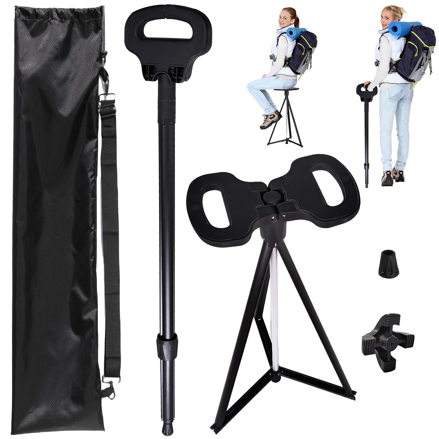 Bastón ajustable en altura con asiento, bastón portátil de aluminio plegable con bolsa de almacenamiento, alfombrilla triangular y alfombrilla de una sola pata, adecuado para adultos y personas