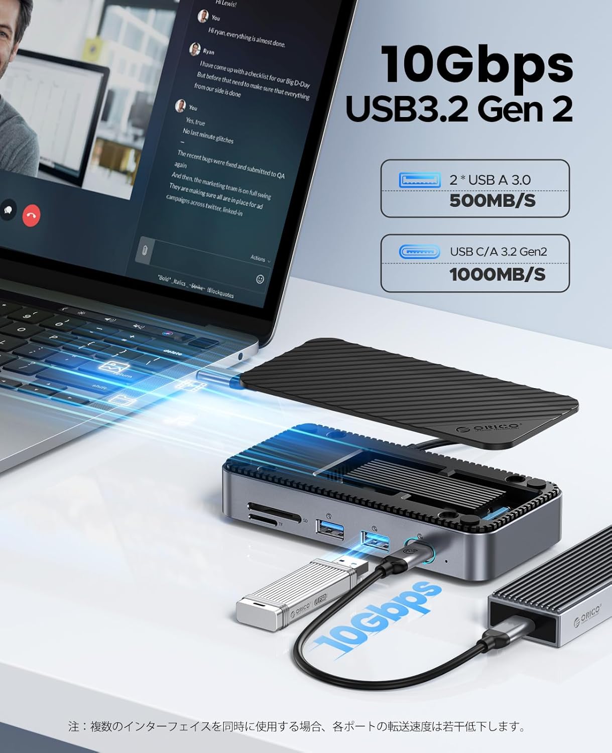 High-speed data transfer via 10Gbps USB 3.2 Gen 2 ports, connected to a laptop.