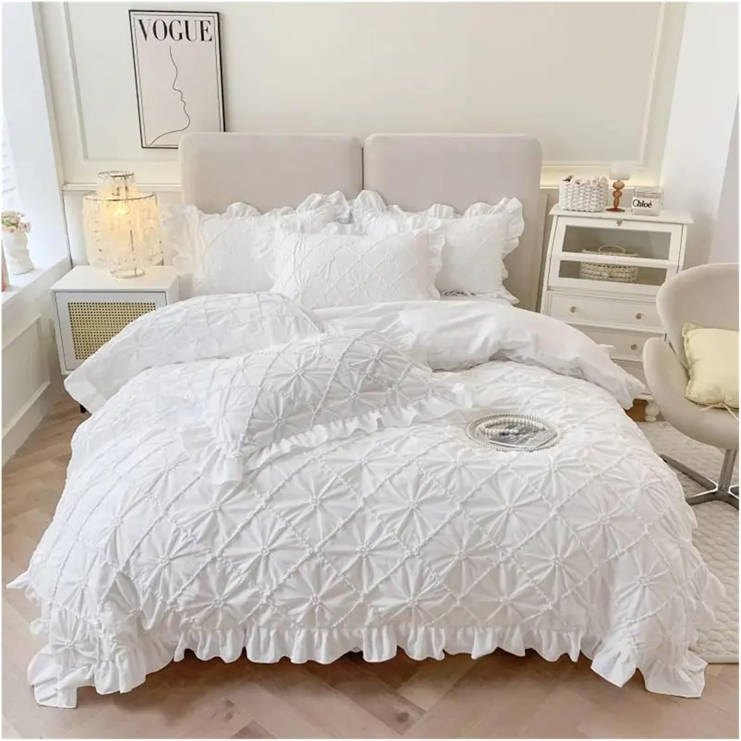 Bed Four Pieces Set Korean Stereoscopic Twist Flower Ruffles Princess Style Bedding Set Duvet Cover Set Bed Sheet Set Or Fitted Sheet Pillowcases(White,Fitted Bed Sheet-Queen 4PCS)