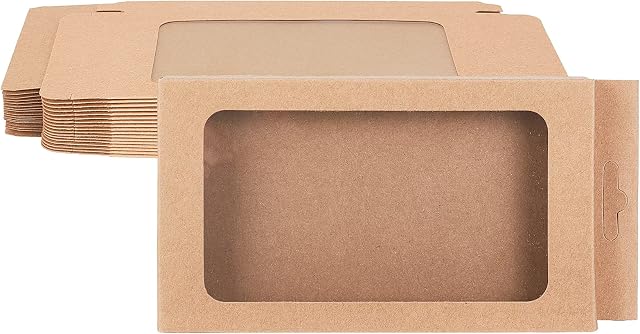 BENECREAT 20 Pack Kraft Paper Boxes with Clear Window 17.5x9x1.5cm BurlyWood Gift Packaging Boxes for Bakery Cookies Cake Candy Wedding Party Favors