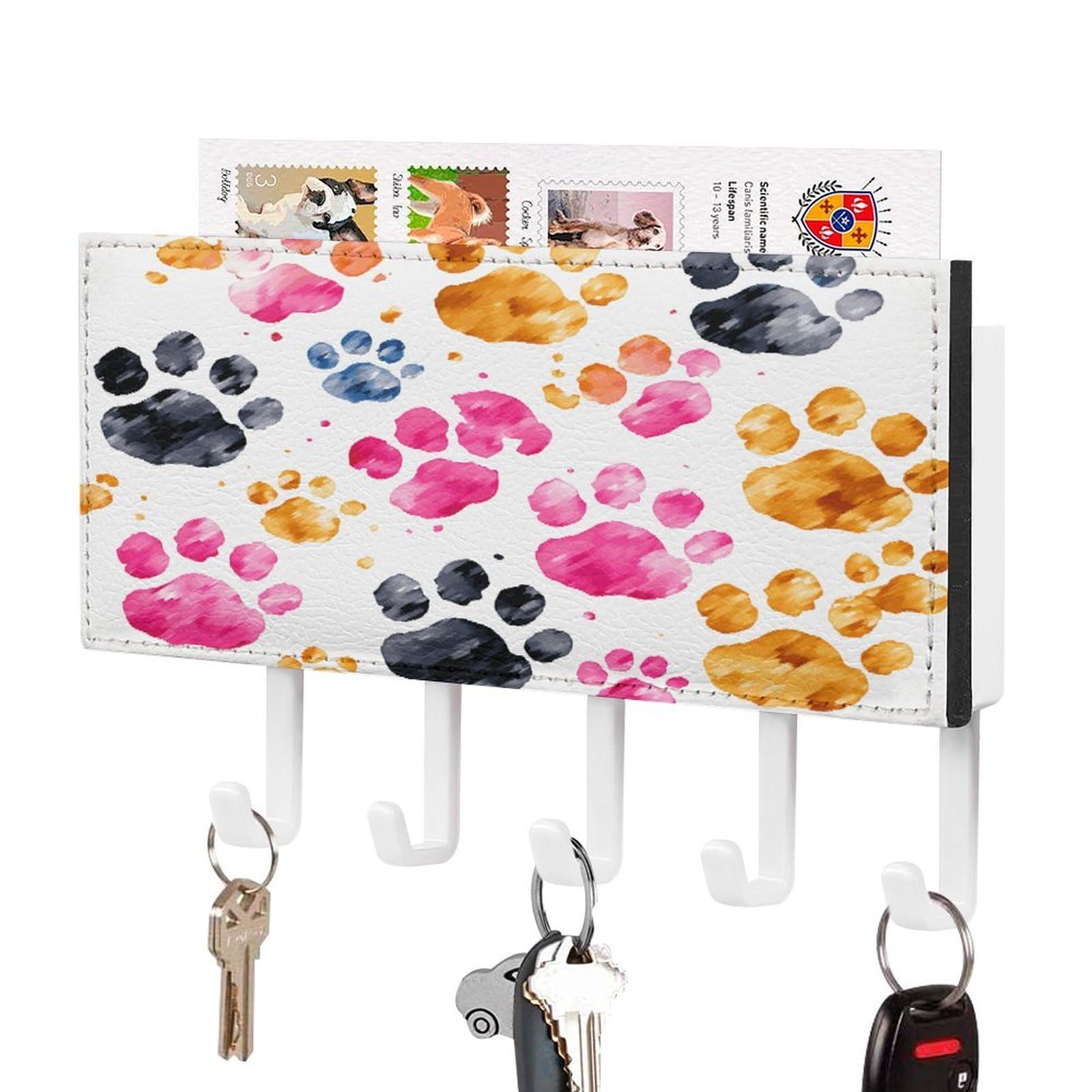 Fekiloot Style Colorful Dog Paws Key Holder For Wall Decorative,2 Installation Ways Keys Hanger Keys Holder Wall Mount Hanging Key Hooks With Mail Organizer For Wallet House Accessories