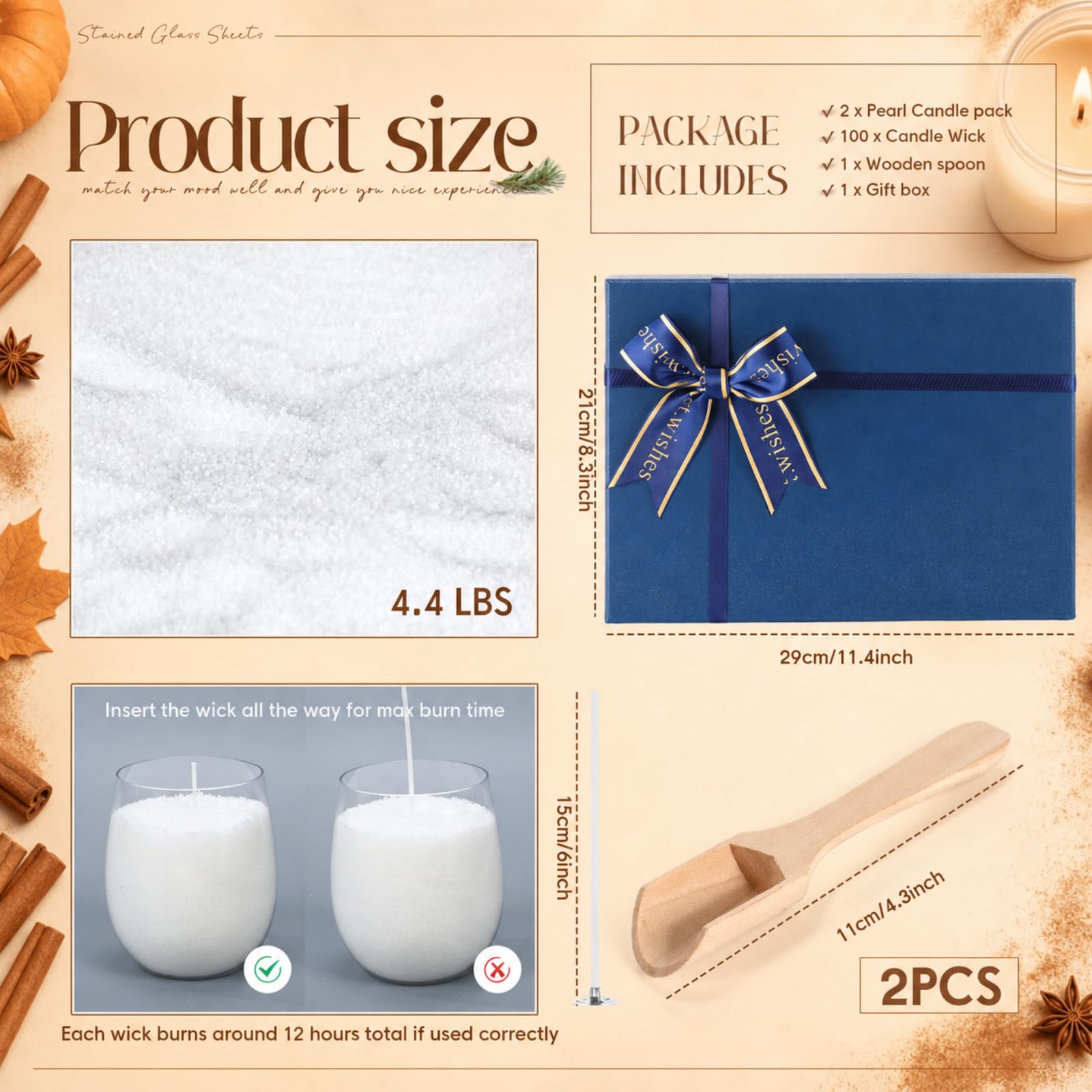 MTLEE Candela perlata 2 kg zucca cannella candela profumata sabbia kit regalo di San Valentino per donne amanti con scatola avvolgente, 100 stoppini bianco perline cera set regalo per moglie, coppie