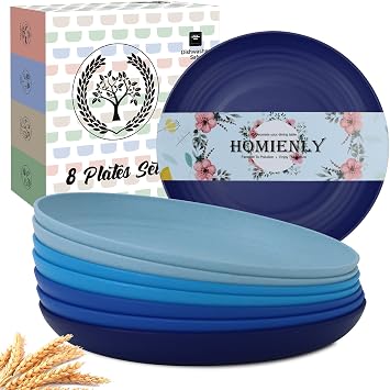 Homienly Dessert Plates Set of 8-8 inch Plate Set Wheat Straw Plates for Kitchen Unbreakable Plate for Dessert, Appetizer,Pancakes, Microwave & Dishwasher Safe Kitchen EssentialsBlue Series
