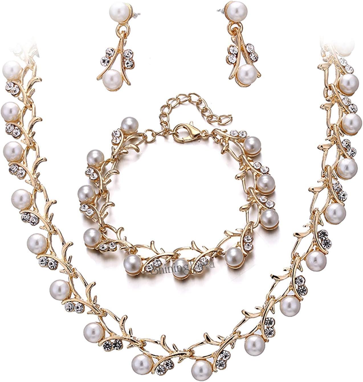 Latest Stylish 18k Gold Plated Combo Pearl Necklace Earrings Bracelet Jewellery Set for Women and Girls