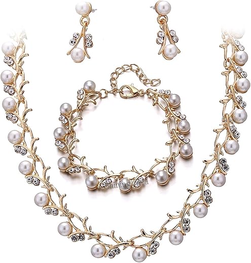 Shining Diva Fashion Latest Stylish 18k Gold Plated Combo Pearl Necklace Earrings Bracelet Jewellery Set for Women and Girls