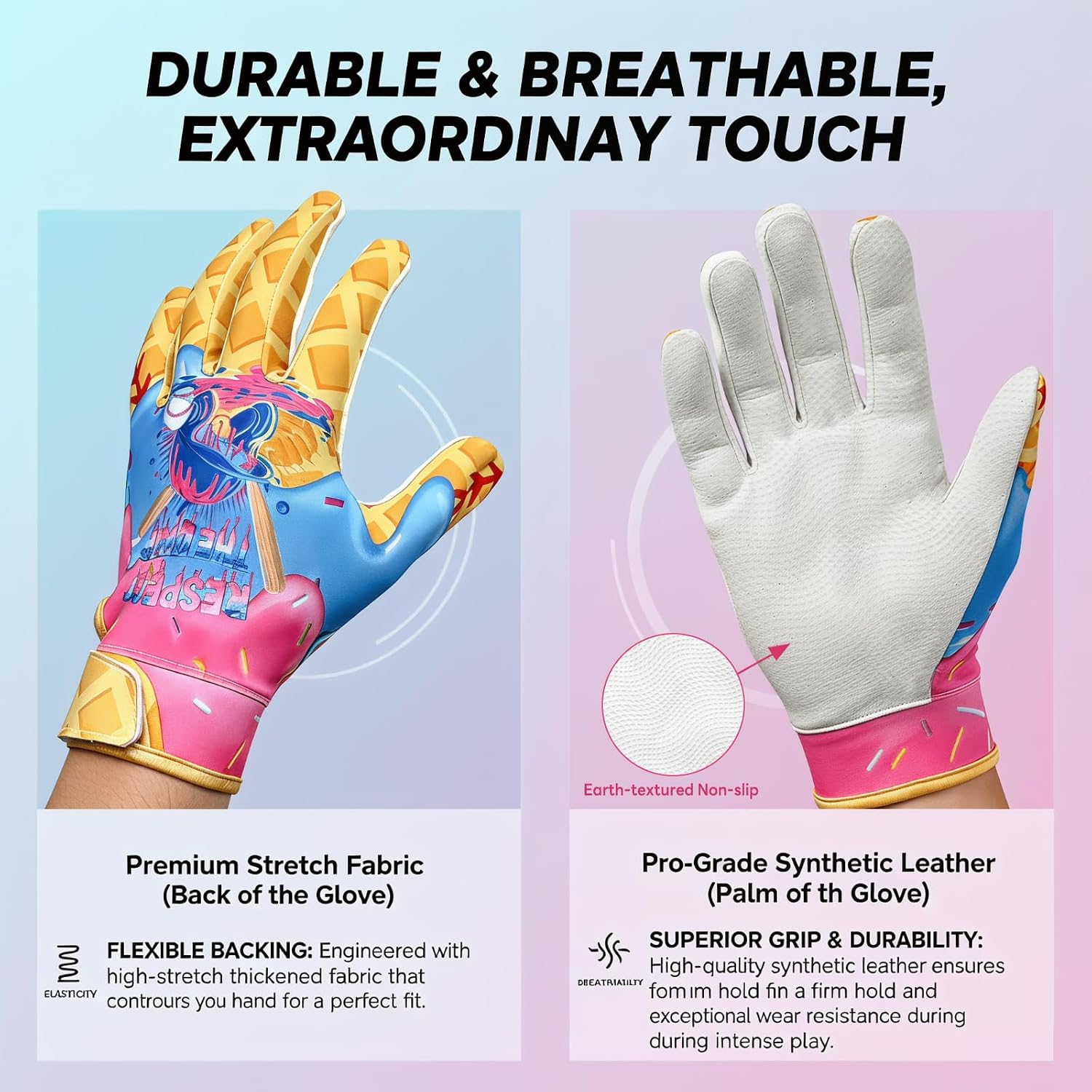 Youth Ice Cream Drip Baseball Batting Gloves 7.6 Inch Long Cuff Leather Full Palm Anti Slip Design Palm Protection for Long time Use Suitable for Softball Teeball Baseball Kids Youth Boys