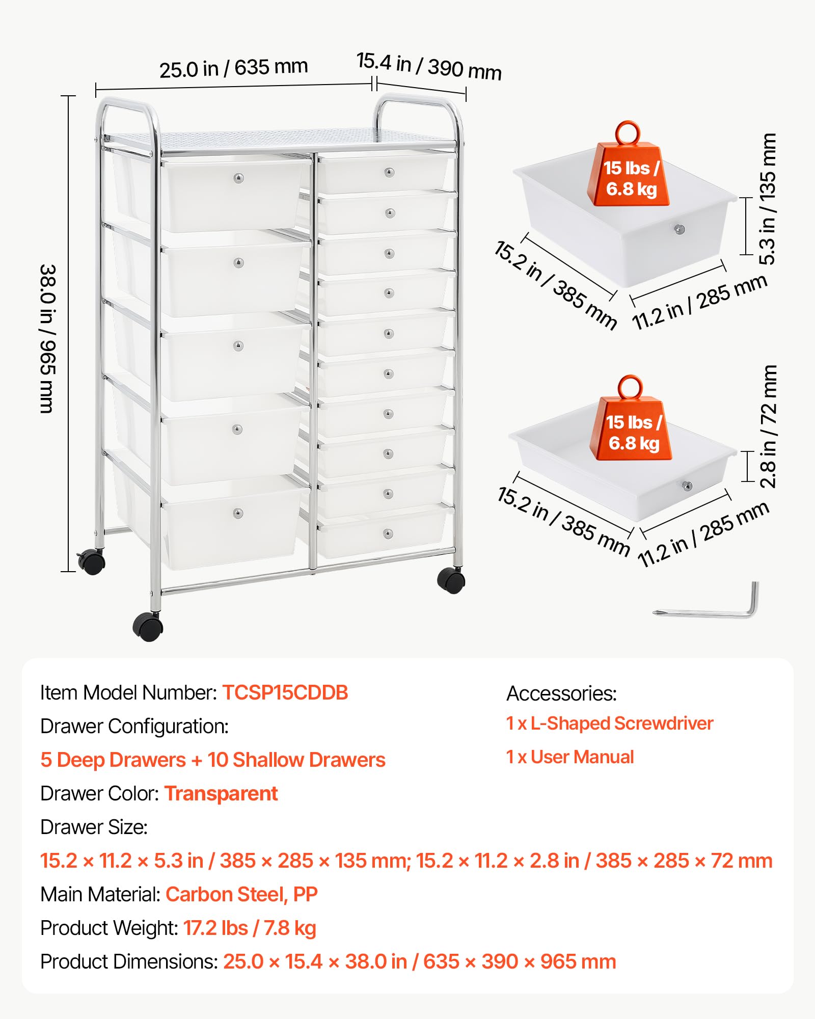 VEVOR Carrello Multiuso con Cassetti Organizer a Doppia Fila con 15Cassetti, Carrello Portaoggetti, Telaio in Acciaio Cromato, Ruote Girevoli a 360° con 2 Freni, Ideale per Ufficio, Garage e Studio