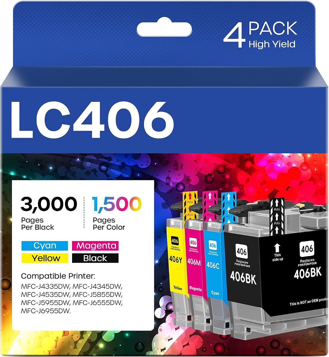 LC406 Ink Cartridges High Yield Replacement for Brother LC406 LC406XL | LC 406 XL Compatible with Brother MFC-J4335DW MFC-J5855DW MFC-J4535DW MFC-J6555DW MFC-J6955DW Printer (4 Pack, BK/M/C/Y)