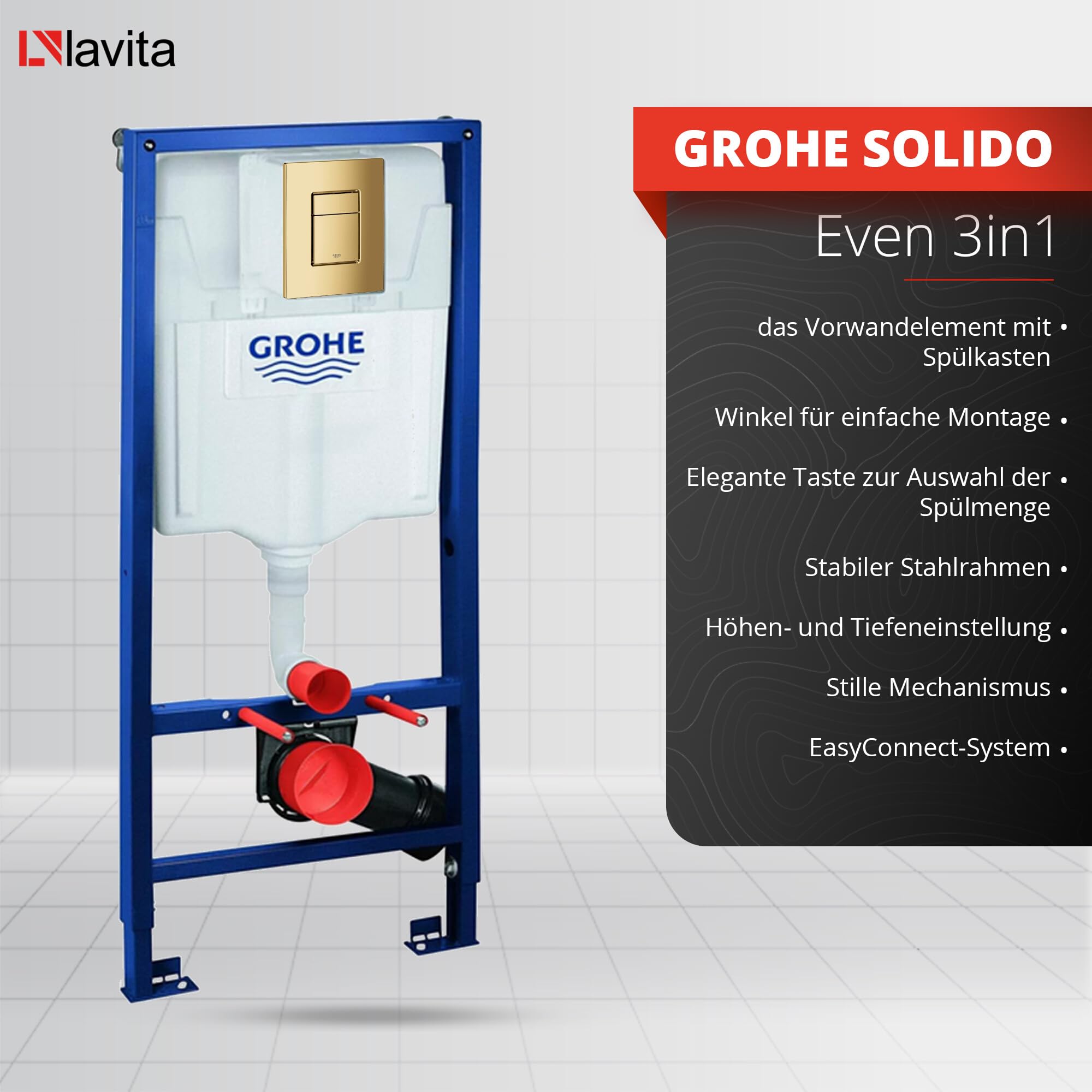 LAVITA | Elemento de pared Solido + pared colgante de inodoro Paraná blanco sin borde + asiento de inodoro de cierre suave | botón dorado | juego completo | cisterna empotrada | inodoro completo