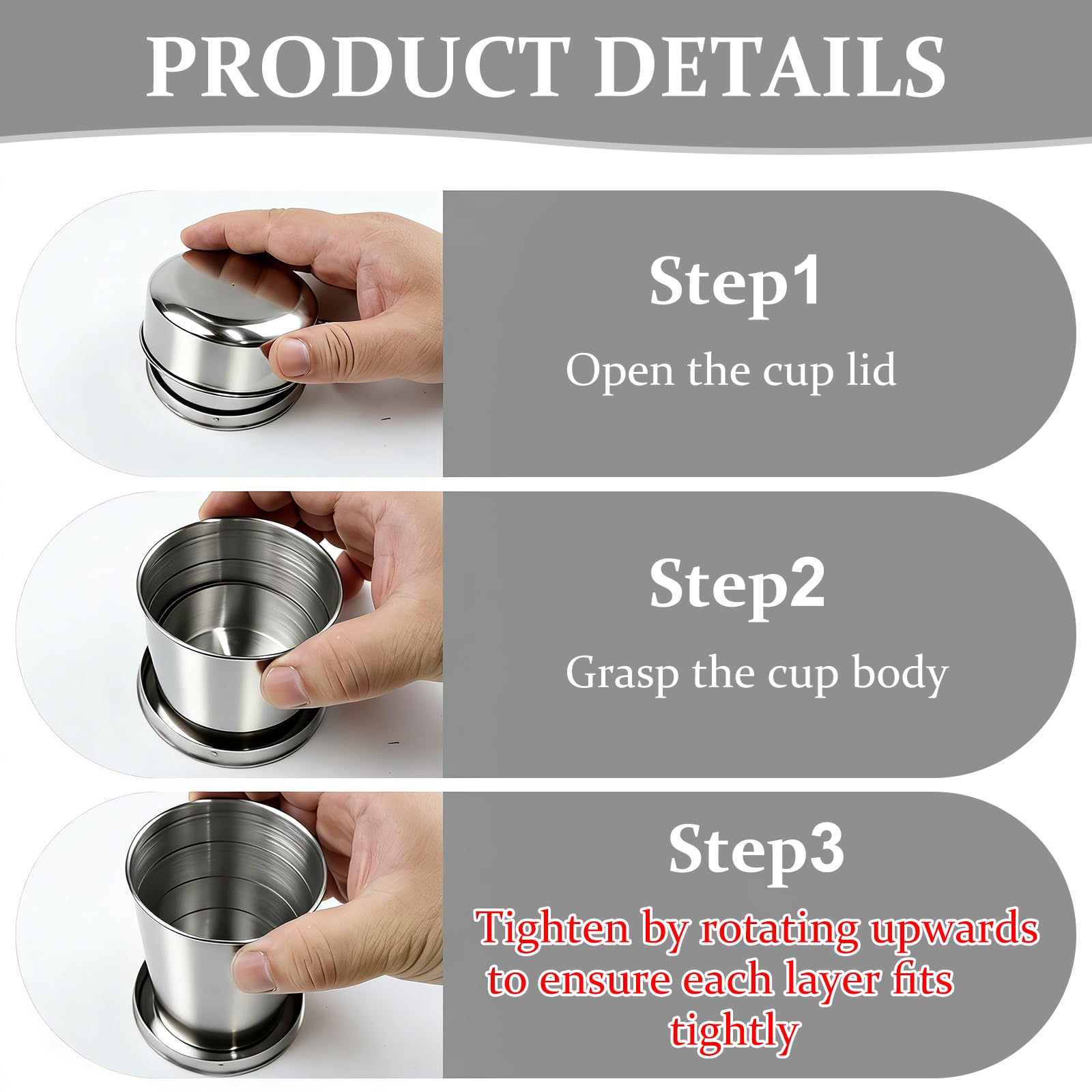 3 bicchieri pieghevoli in acciaio inox 304 con portachiavi da 250 ml, per sport all'aria aperta, campeggio, escursionismo, arrampicata, pesca, picnic e viaggi