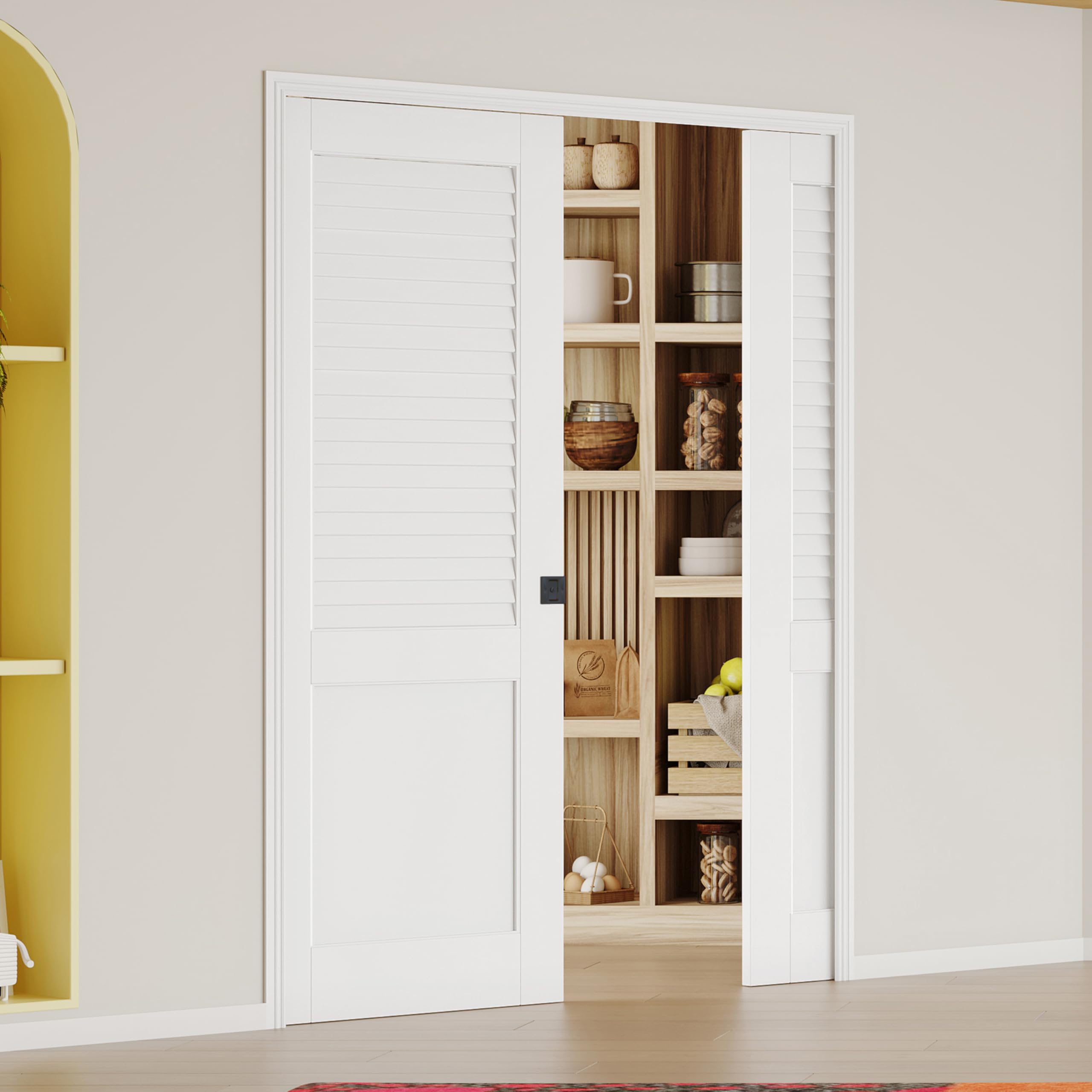 Sliding Pocket Door, 56" x 80", Half-Panel Louvered Pantry Doors with Frame and Hardware Kit, Interior Door, White Primer Closet Doors - No Panel Assembly Required
