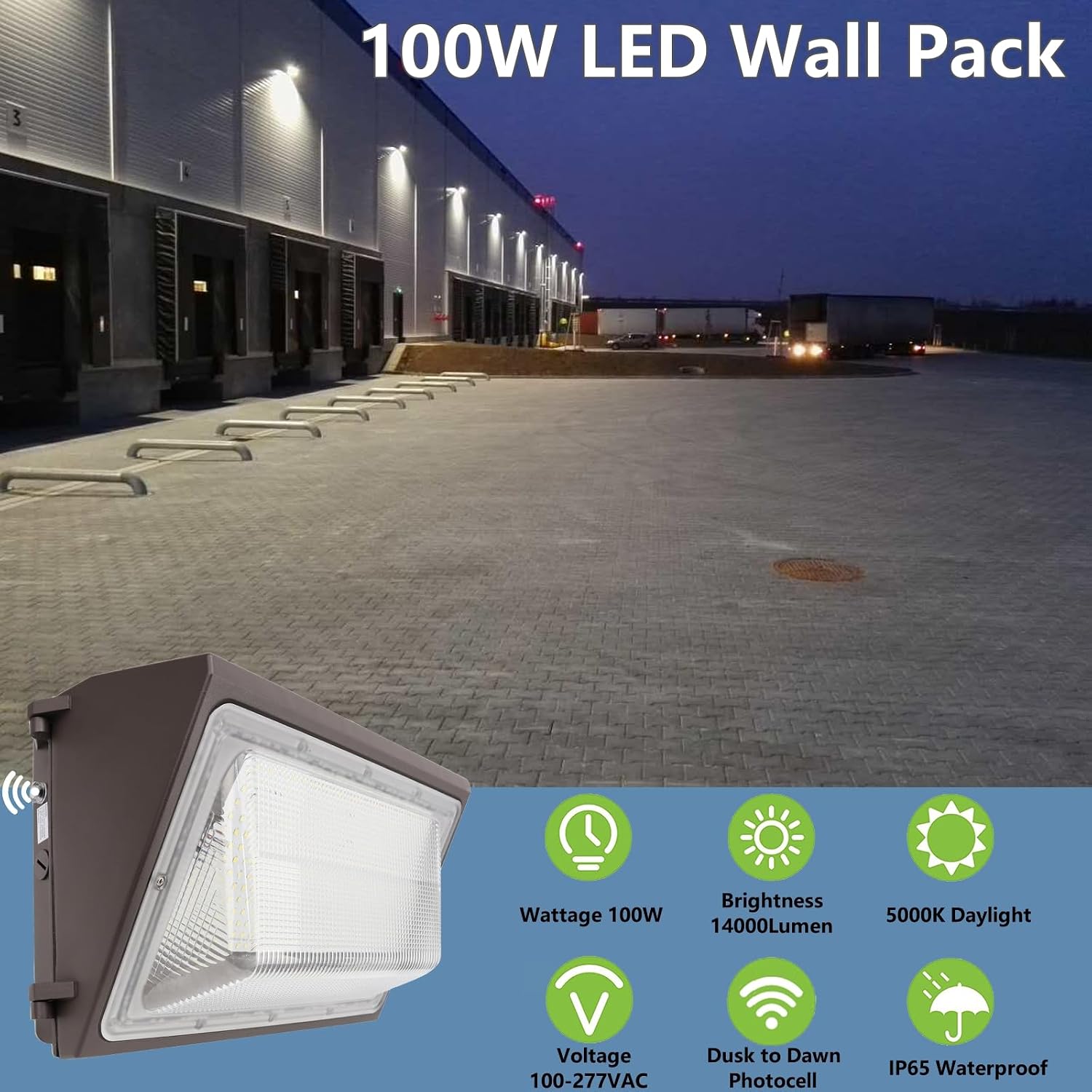 1-10V Dimmable 100W LED Wall Pack Light with Dusk to Dawn Photocell, 100-277V 14000LM 600-800W HPS/HID Equiv., 5000K Outdoor Security Lighting, ETL Commercial Wall Mount Lights for Building