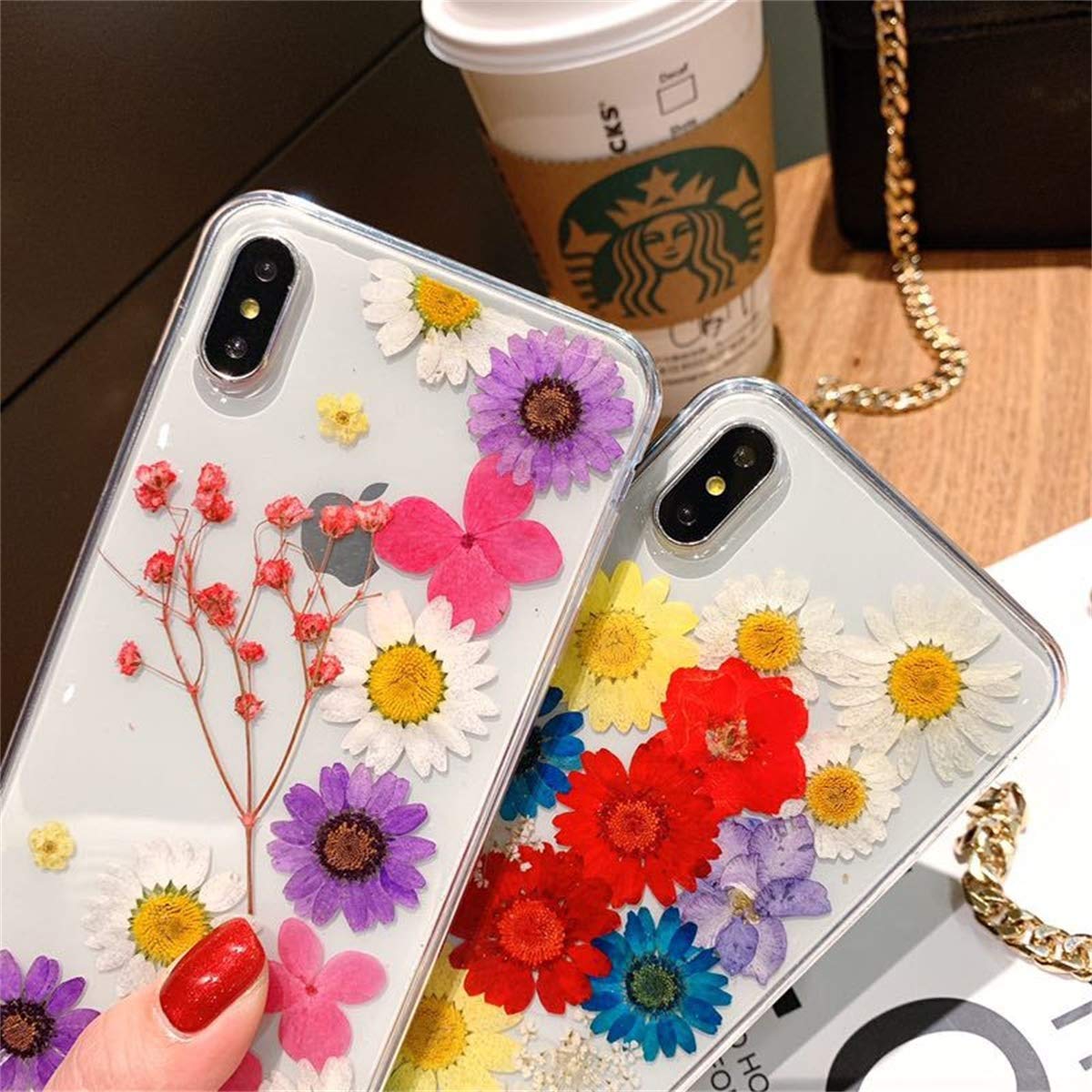 Tybiky, custodia protettiva per iPhone 11, decorata con veri fiori secchi, design sottile, struttura in TPU, cover compatibile con iPhone 11, fiori di colore bianco e viola