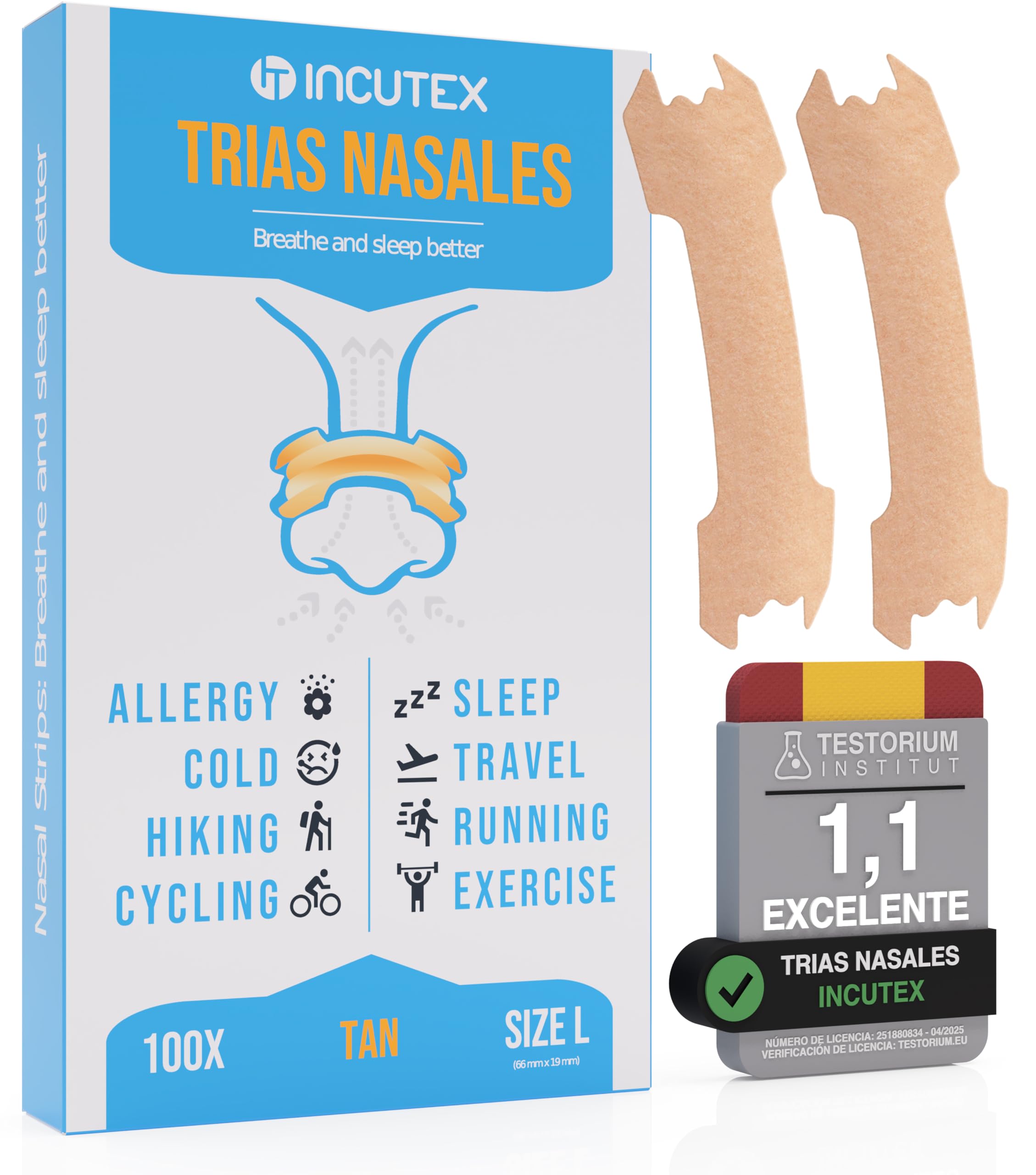 Incutex Tiras Nasales 100 Unidades Ayuda Antirronquidos para Hombres y Mujeres, Parches Nasales para Respirar, Dormir Mejor, Deportivas, Tamaño L (66×19 Mm), Beige
