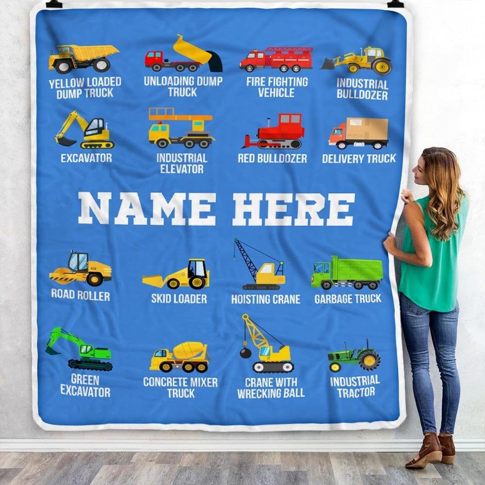 Personalized Baby Name Blanket Dump Truck Bulldozer Construction Tractor Firetruck Boy Kids Son Grandson Nephew Birthday Christmas Customized Fleece Blanket (50 x 60 in Youth Size)