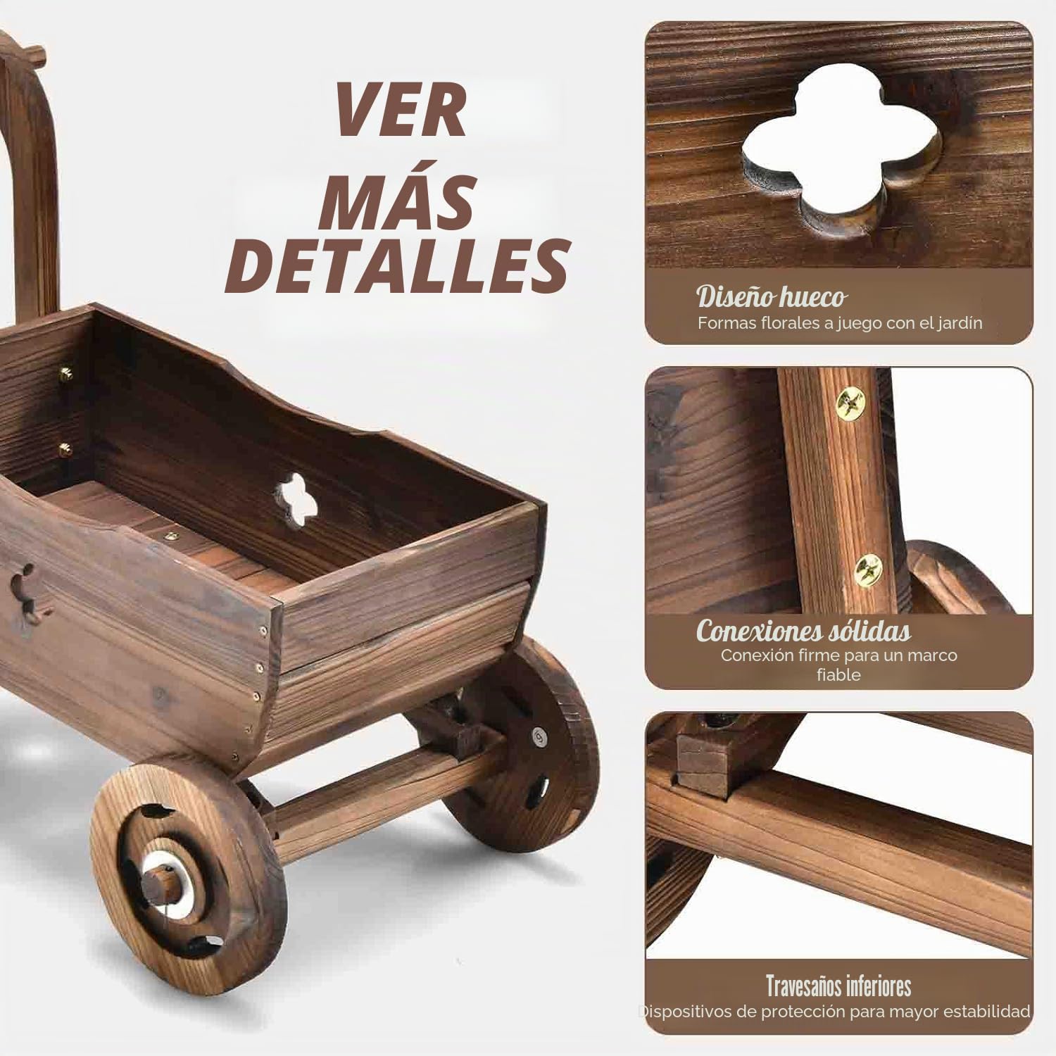 FANTASK Carro de Flores de Madera con Ruedas y asa, Carro de Plantas con Orificio de Drenaje, Carretilla rústica para jardín, terraza, Maceta, Carretilla, decoración de jardín, Jardinera