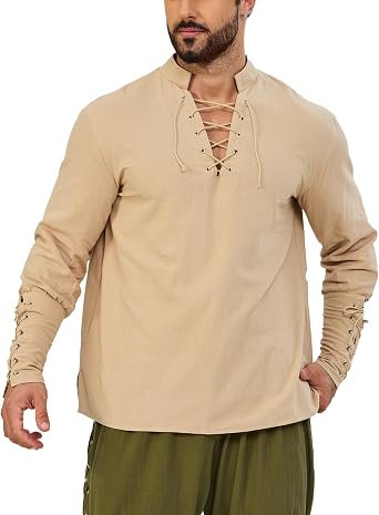 Mens Retro Lace up Long Sleeve Linen Shirts Renaissance Henley Shirt, Medieval Viking Costume Pirate Tops