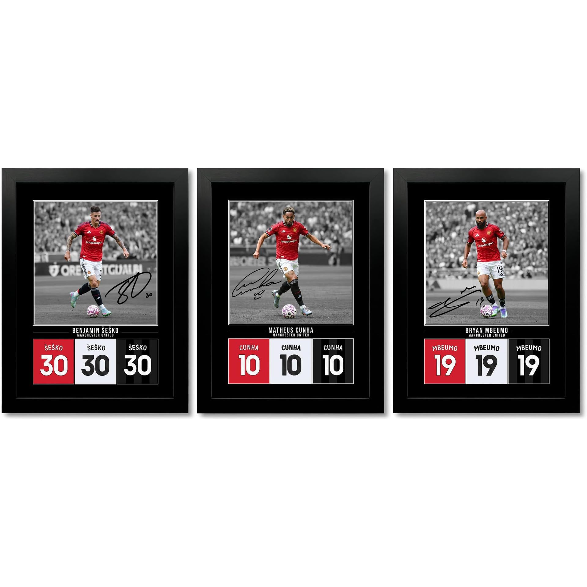 Bryan Mbeumo Manchester United Signed Photo Poster Print Picture Display Framed Autograph Memorabilia for Football Fans Gift Man Utd Cameroon (A4 Framed Mbeumo Cunha Sesko)