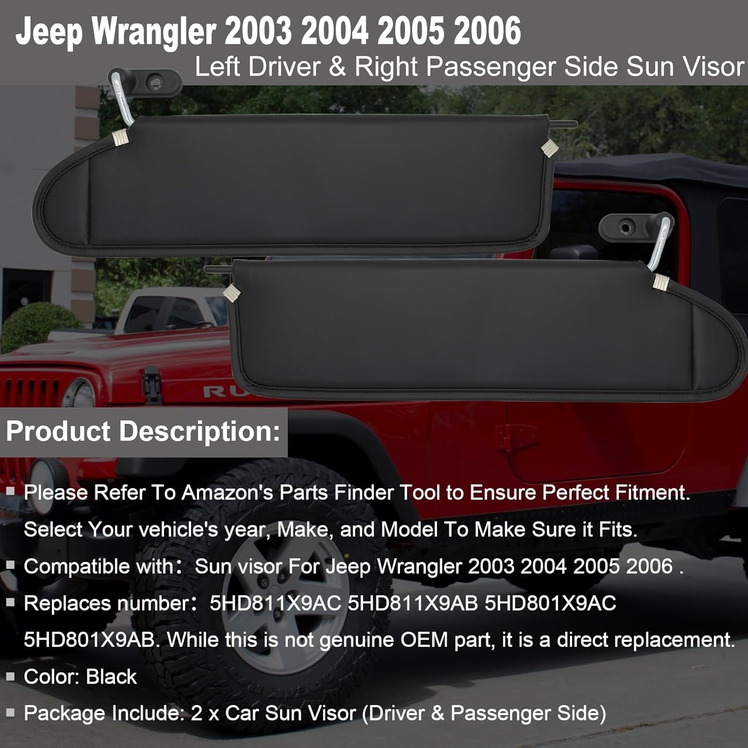 NHILES Driver & Passenger Side Sun Visor Fits for Jeep Wrangler 2003 2004 2005 2006 Replacement Sun Shade # 5HD811X9AC 5HD801X9AC (Black)