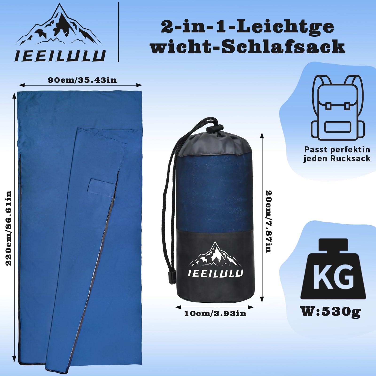 IEEILULU Hüttenschlafsack Baumwolle, Hüttenschlafsack, Reiseschlafsack mit Zwei Wege Reißverschluss Handytasche, Kleines Packmaß, Schlafsack Ultraleicht für Erwachsene Camping Wandern Hotels