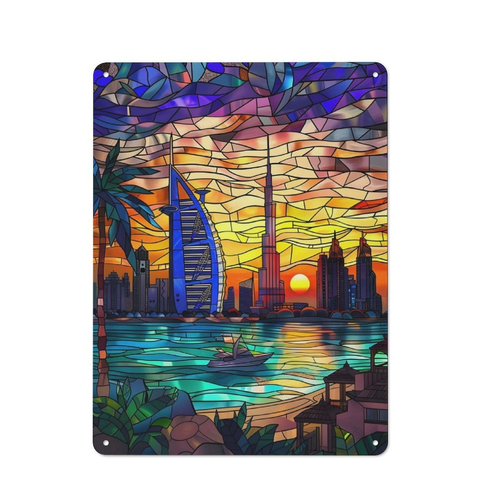 Junmoney Dubai Sunset Skyline Tin Wall Plaque 40X30cm With For Pub Or Café, With Clear Vintage Wall Decor Character