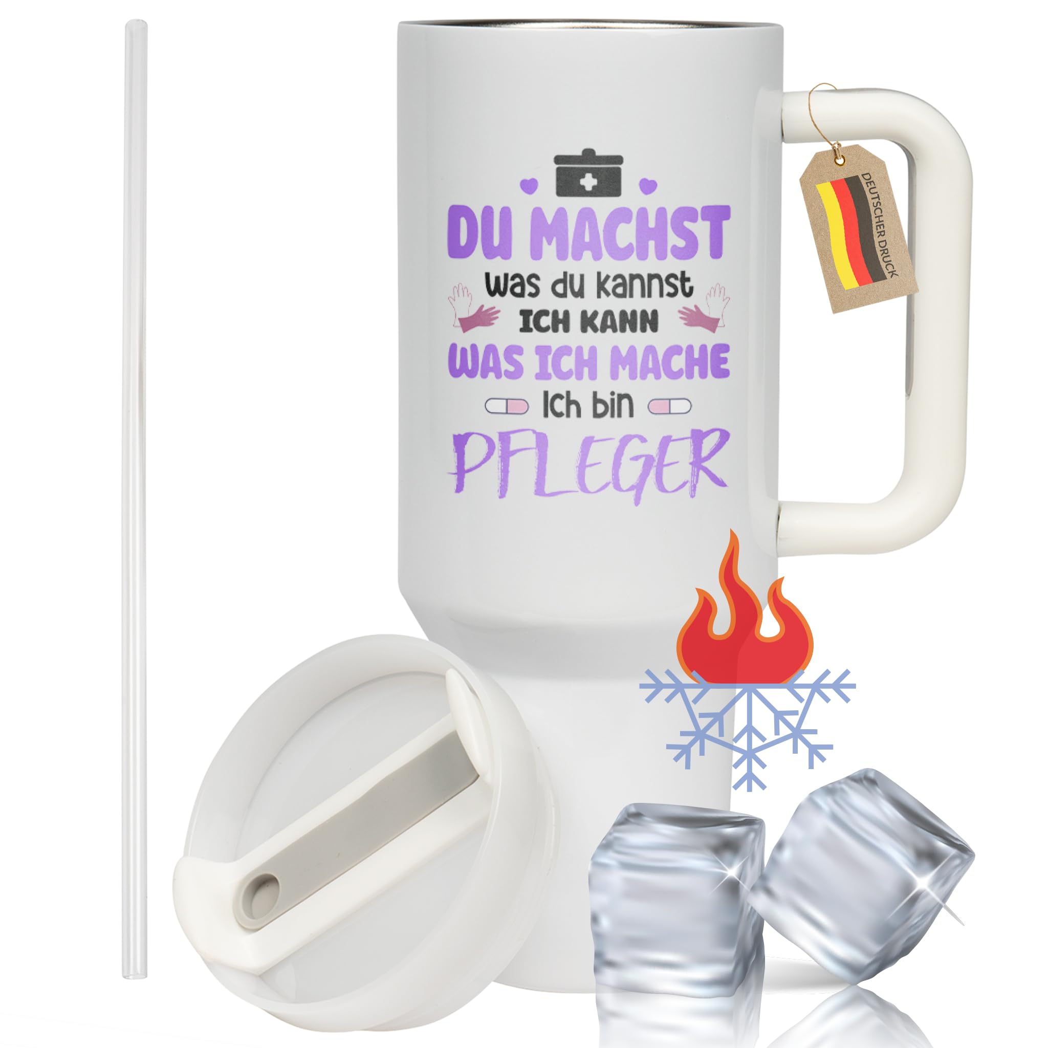 XXL Thermobecher für Pfleger – Geschenk zum Geburtstag, Abschied & zur bestandenen Prüfung – Edelstahl Trinkflasche, Weiß mit Spruch Du machst was du kannst (WIEDERVERWENDBAR)
