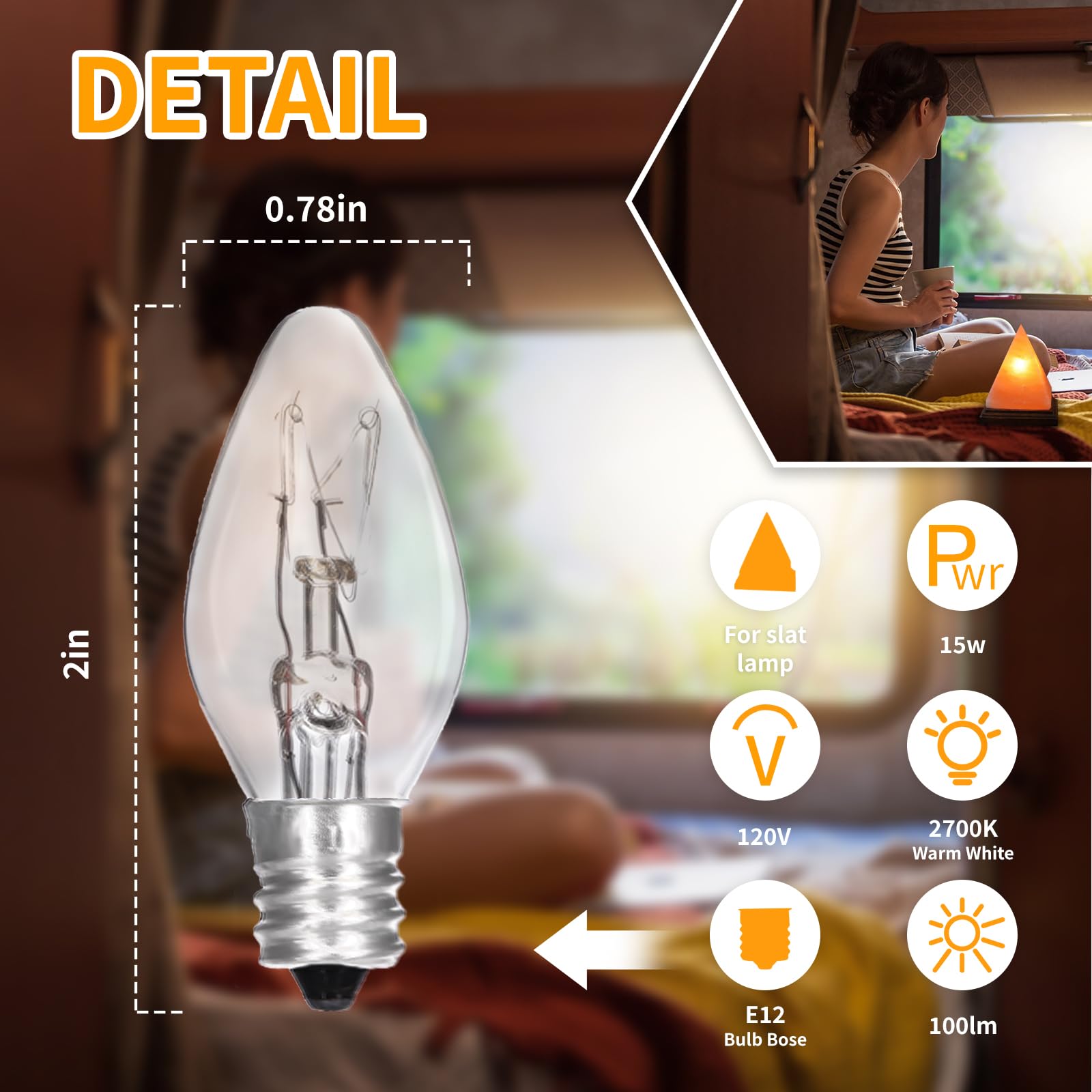Paquete de 12 bombillas Scentsy de 15 vatios y 120 V, bombillas de repuesto C7, bombillas de lámpara de sal regulables con base E12 para luz nocturna, calentador de velas 5
