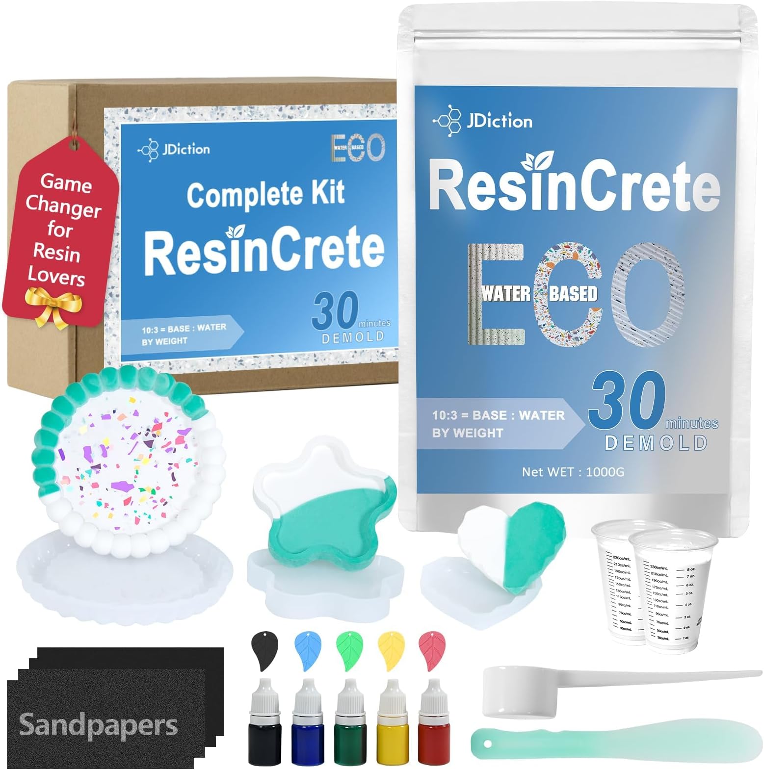 JDiction ResinCrete Kit, Complete Kit Easy for Beginners, 20-30Minutes Demold, Include Water-Based Eco-friendly Casting Powder, Mold & Pigment, Easy Mix for Beginners DIY Home Decor