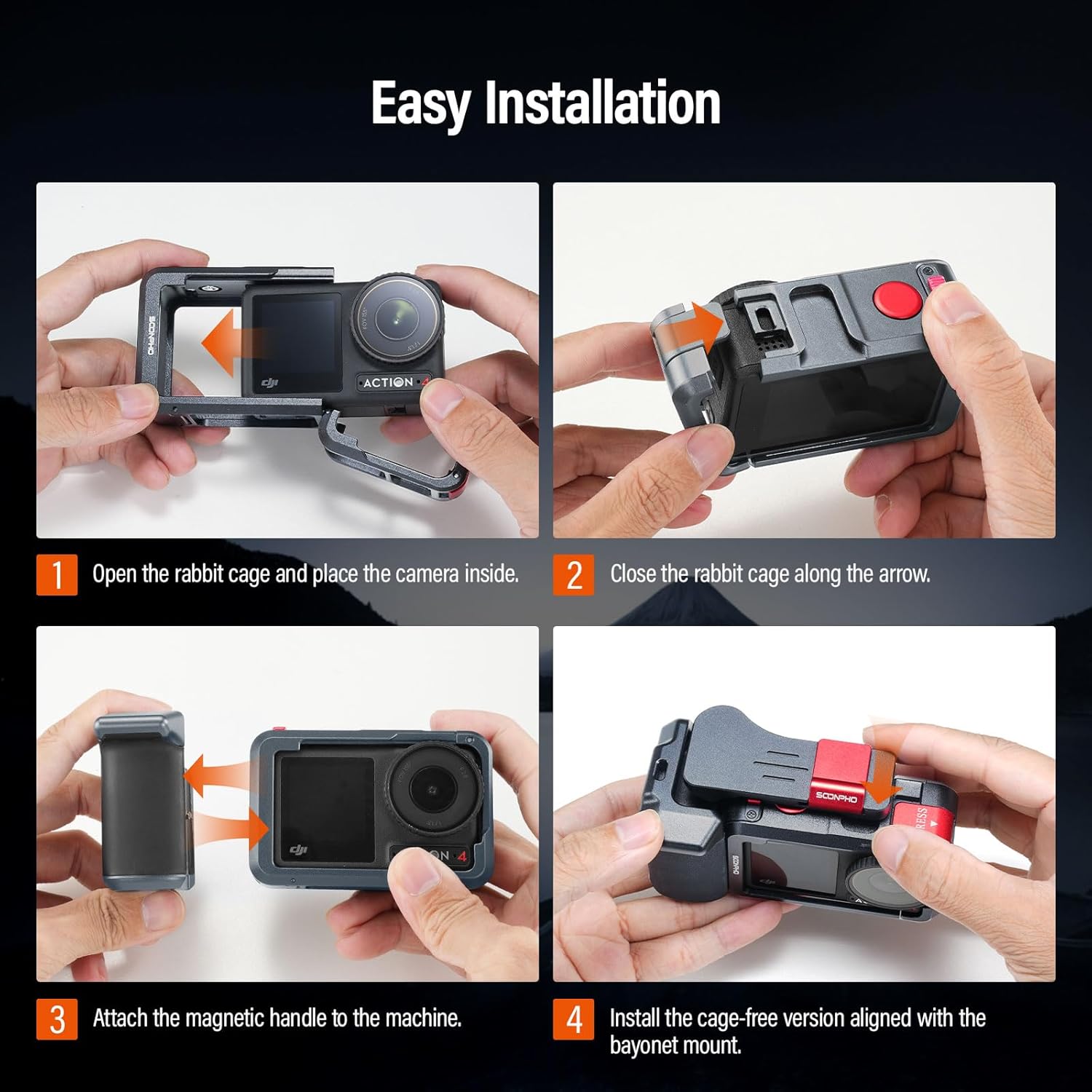 Soonpho Handle Grip Kit for DJI Action 5 Pro Cage Action 4 Protective Frame with Handle Grip Storage Bag Screen Protector*4 Lanyard*2 Quick Release Cold Shoe ＆ 1/4" Thread Shutter Button(Gray