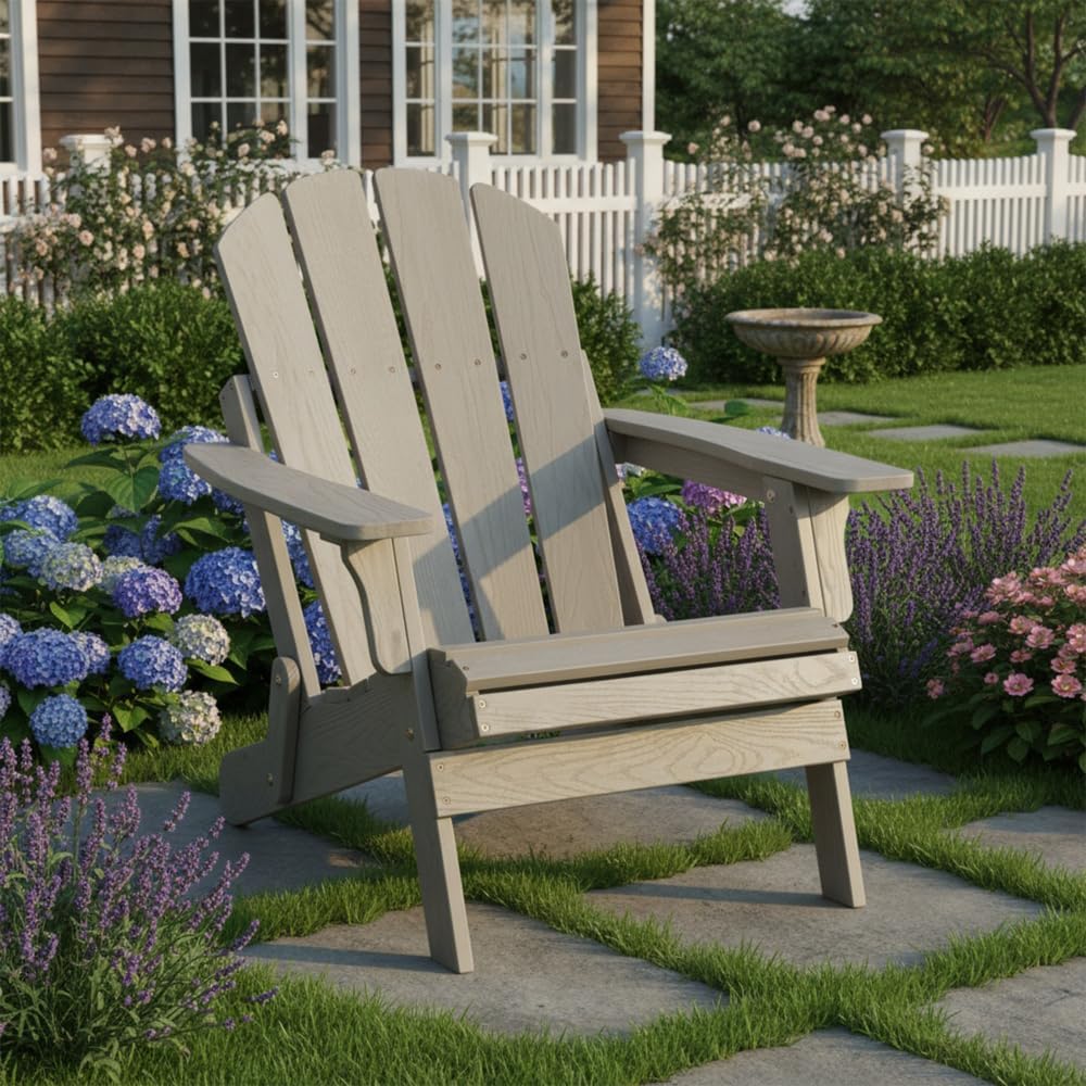 Premium Foldable Adirondack Chair Made from Solid Wood for Outdoor Patio, Backyard, Deck, Porch and Fire Pit Seating (29 * 34 * 33''-Emboss Grey)
