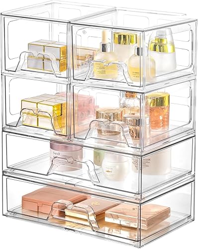 Juego de 6 cajones organizadores de maquillaje apilables, organizadores de plástico transparente para suministros de belleza, ideal para tocador,