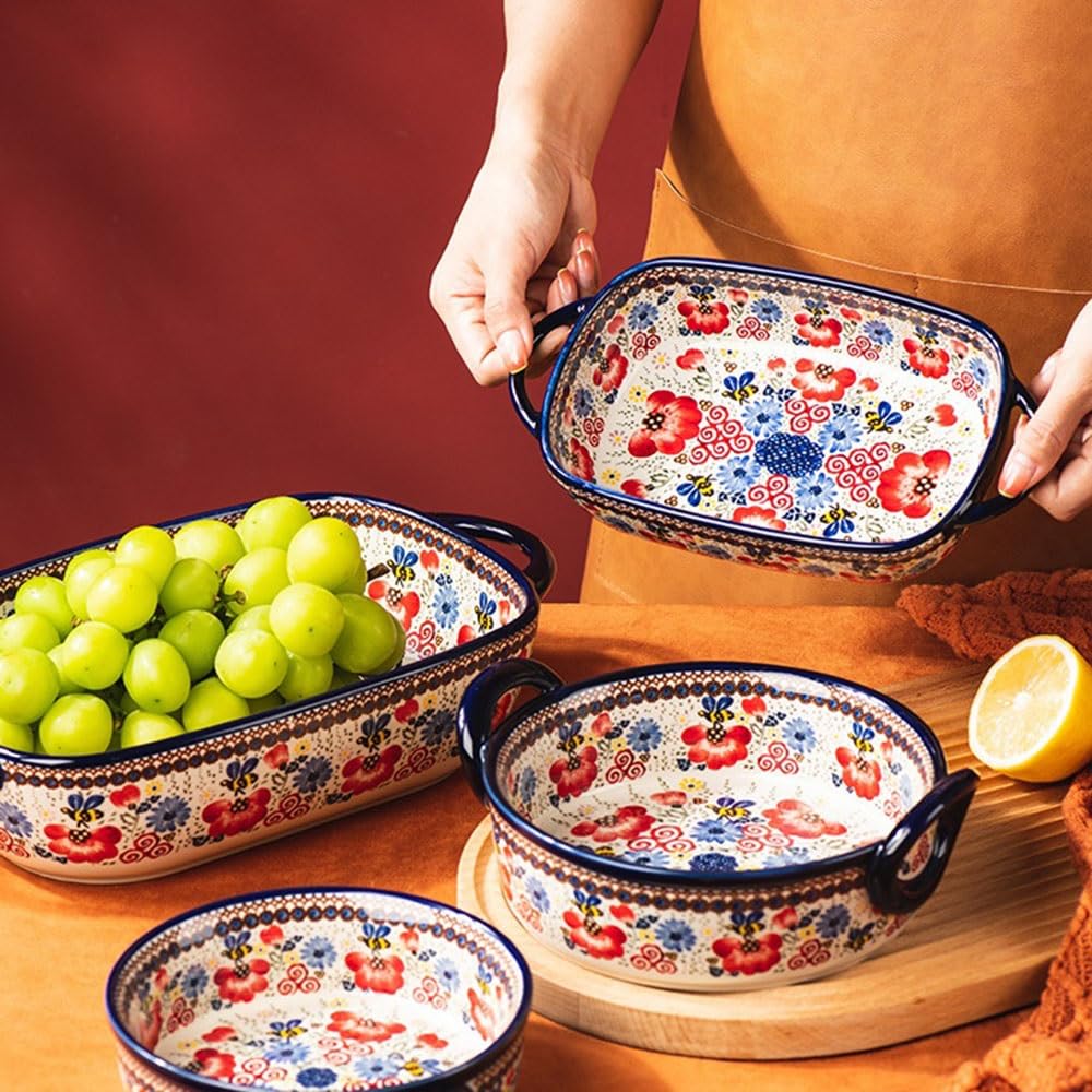Prostokątny zestaw kolorowych naczyń kuchennych z 2 podwójnymi uchwytami ceramicznymi formami do pieczenia i głębokimi talerzami dekoracyjnymi