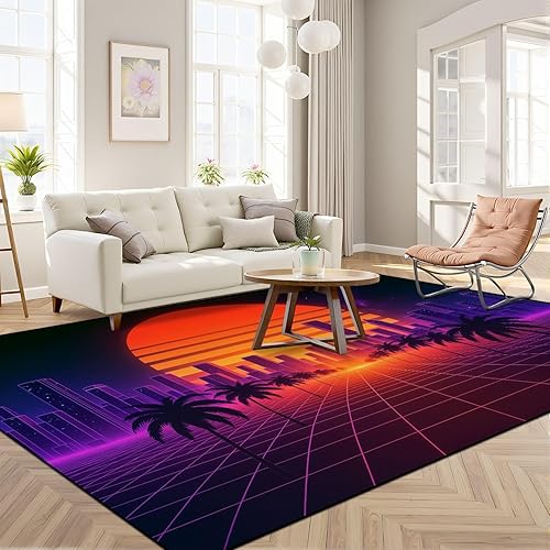 Miniatura 3 de Alfombra retro de onda synthwave vaporwave horizonte paisaje paisaje noche sol 3D lavable 5x8 pies grandes alfombras para dormitorio, cocina, sala