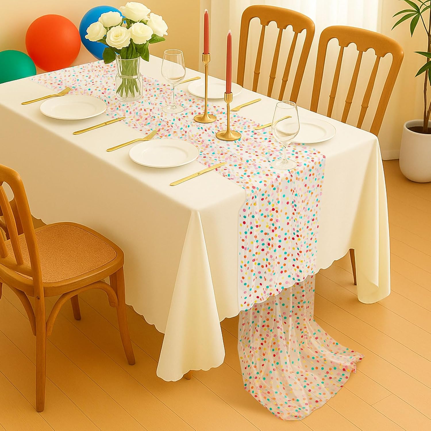 2 Pack Colorful Polka Dot Table Runner 29x120 Inch Confetti Dots Birthday Party Decorations Summer Lace Tulle Table Decor Dining Room Kitchen Holiday Wedding Baby Shower Home Veil Decor