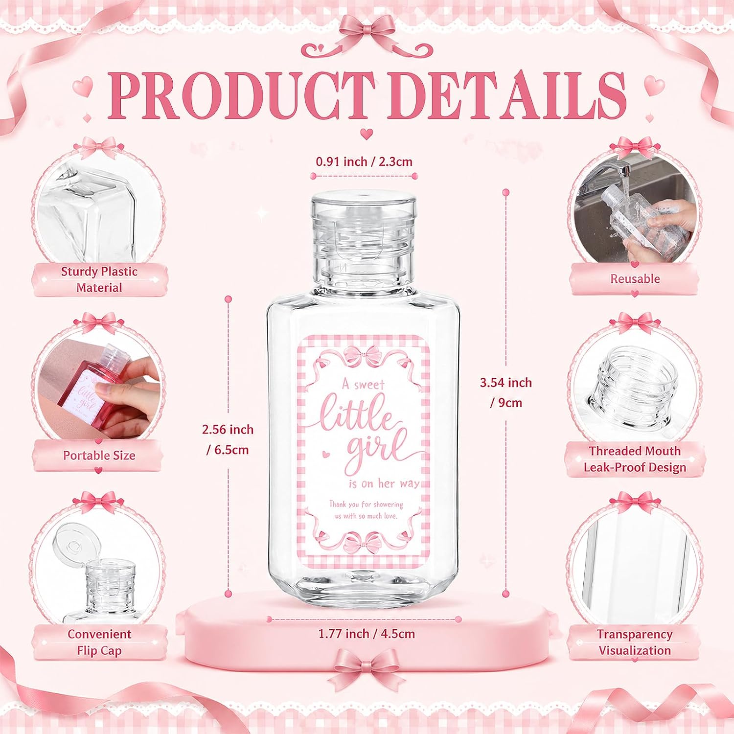 SiliFine 50 Sets Baby Shower Party Favors for Guests Empty Mini Sanitizer Bottles Bulk 2oz Travel Size Hand Sanitizer Bottles Baby Shower Thank You Gift for Guests Party Supplies (Bow,Pink)